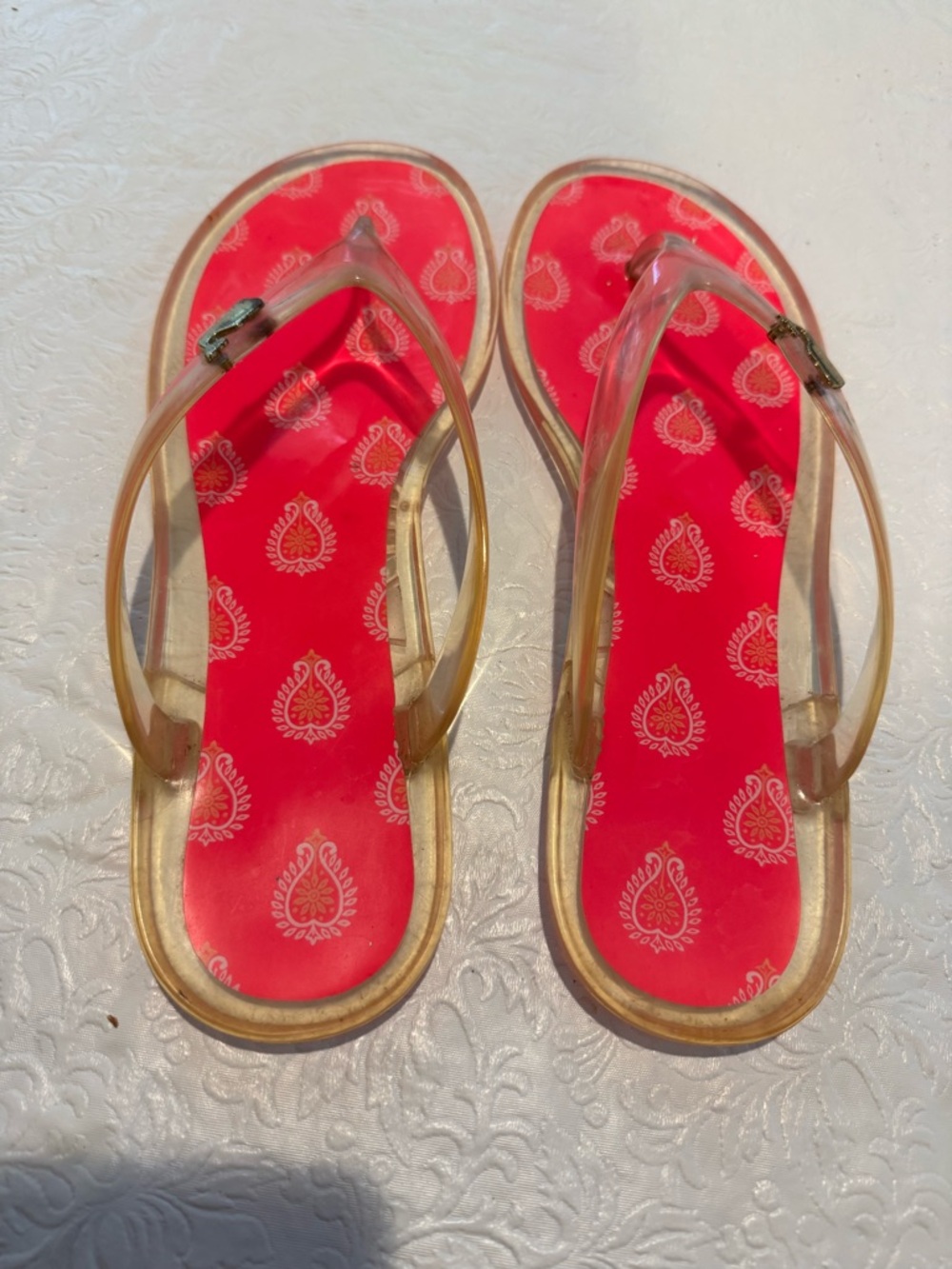Vineyard Vines Clear-Strap Sandals with Red Patterned Footbed and metal whale